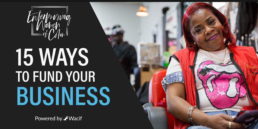 Event flier for 15 Ways to Fund Your Business featuring photograph of woman of color entrepreneur